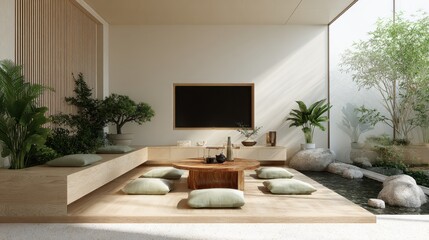 Fototapeta premium A serene and minimalist living space features a low table surrounded by cushions, lush indoor plants, and a large window offering abundant natural light, creating a tranquil and peaceful atmosphere.