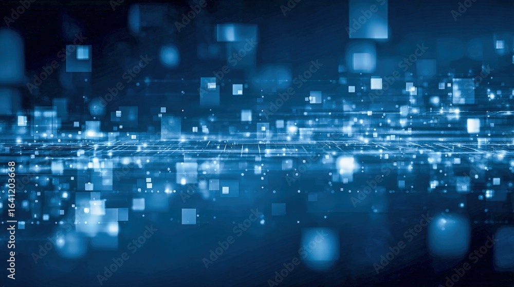 Poster digital connectivity backdrop with blue light particle flow, data stream visualization for modern te