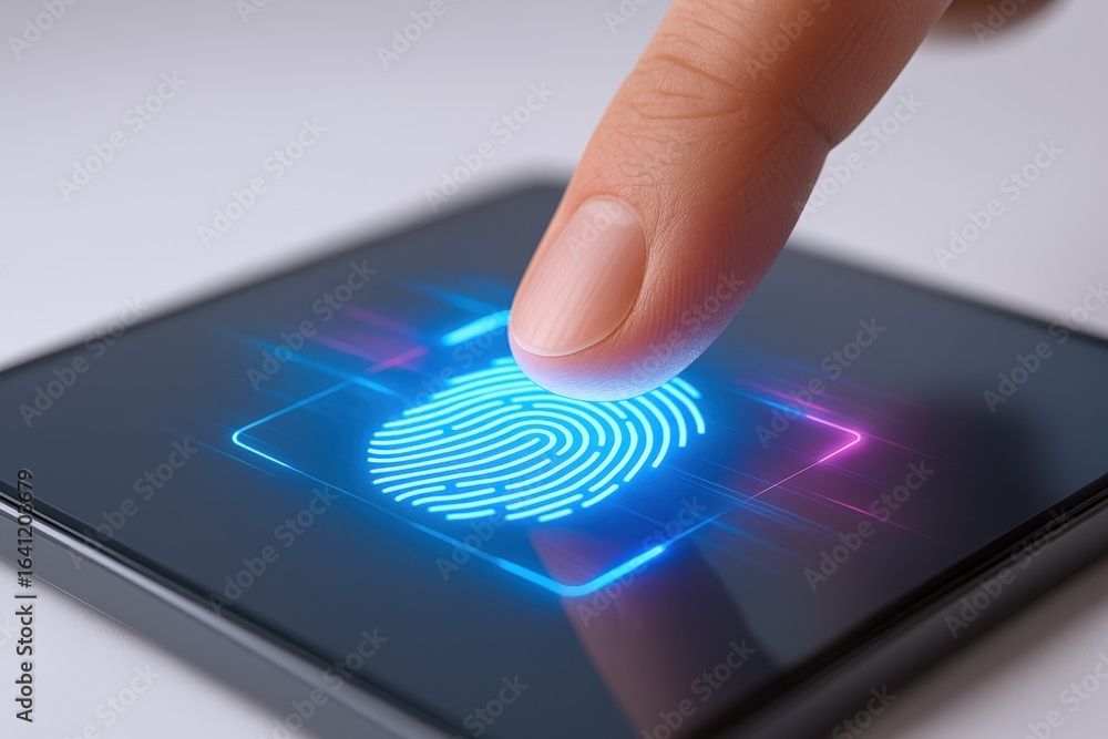 Poster finger scanning biometric authentication on mobile device for security and identification technology