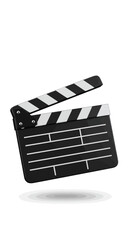 A black and white film clapperboard, a classic filmmaking tool, is shown open against a stark white background, ready for action.