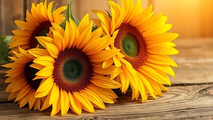 Fototapeta premium Sunflower arrangement on a rustic wooden surface bathed in warm natural light, evoking summer tranquility.
