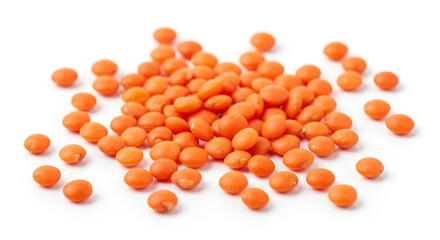 Top view of healthy and nutritious red lentils pile isolated on white background for recipe ideas