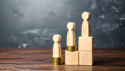 Wooden figures on tiered blocks, representing varying levels of success or wealth