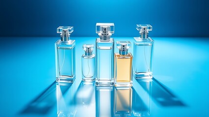 Elegant glass perfume bottles arranged on an azure surface, radiating sophistication and luxury.