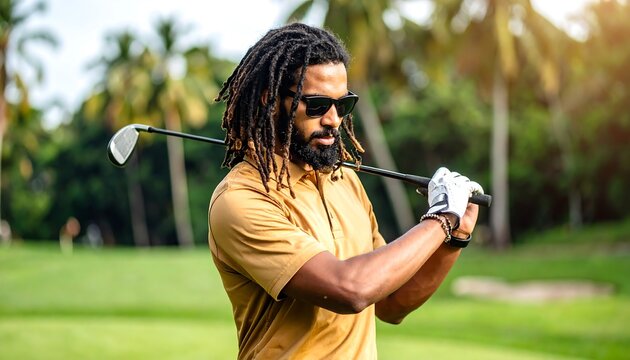Stylish Golfer with Dreadlocks Swinging Club on a Lush Green Golf Course.