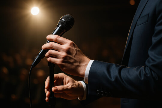 Close up of person holding microphone preparing for public speaking during business presentation with conference speaker ready to deliver keynote speech on stage