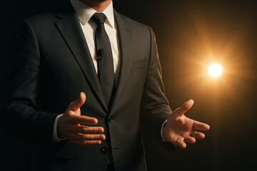 Public speaking in business presentation requires confidence and clarity as conference speaker delivers keynote speech with engaging hand gestures and professional attire