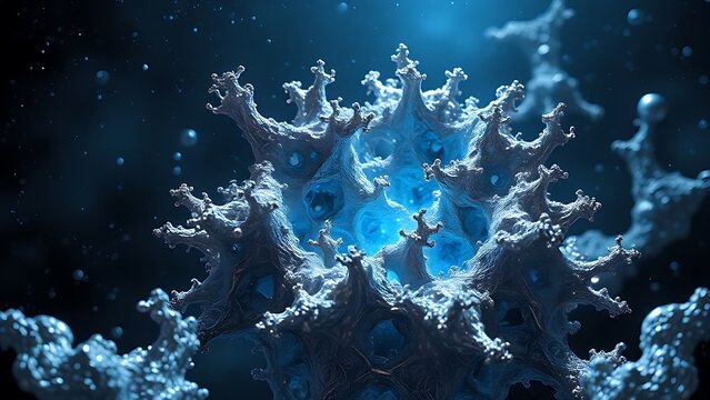 Metallic alloy fractals grow crystalline structures emitting blue energy waves in deep space.