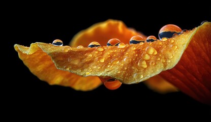 Fototapeta premium Orange petal dew drops macro nature closeup dark background botany