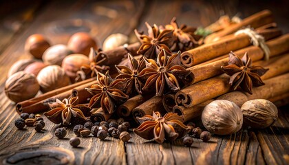 Assorted spices on wooden surface