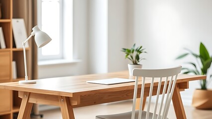 Scandinavian-style wooden desk with white chair and potted plant in natural window lighting.