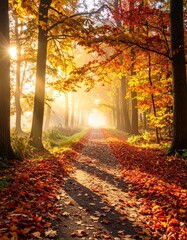 제목: Autumn Path Leading to the Light

설명: Follow the inviting vertical path upwards towards the bright morning light filtering through the colorful autumn canopy.