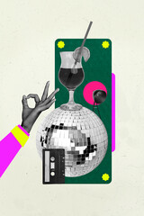 Vertical creative poster art collage of human hand show okay gesture disco ball celebration friday...