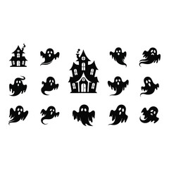 Obraz premium Vector art of collection of halloween ghosts and houses