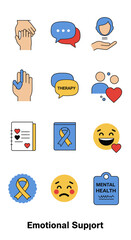 Fototapeta premium A set of colorful icons illustrating concepts of emotional support, therapy, and mental health awareness.