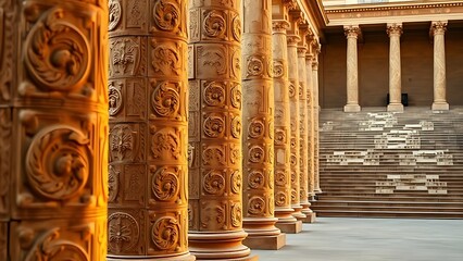 Ancient stone pillars with intricate carvings leading to a grand staircase, embodying classical architectural elegance.