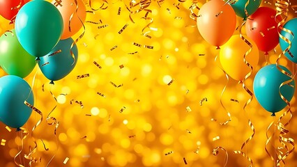 A festive golden frame filled with floating balloons and swirling confetti, capturing a lively celebration atmosphere.
