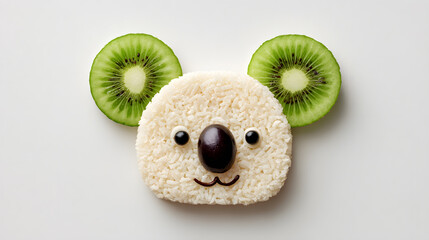 Cute koala face made from food, rice cake head, kiwi slices, black grape on white background, minimal and creative flat lay food art for kids