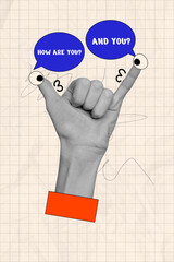 Sketch image 3d pop banner collage of human hand show shaka gesture bubble communication sticker how are you and you emoji