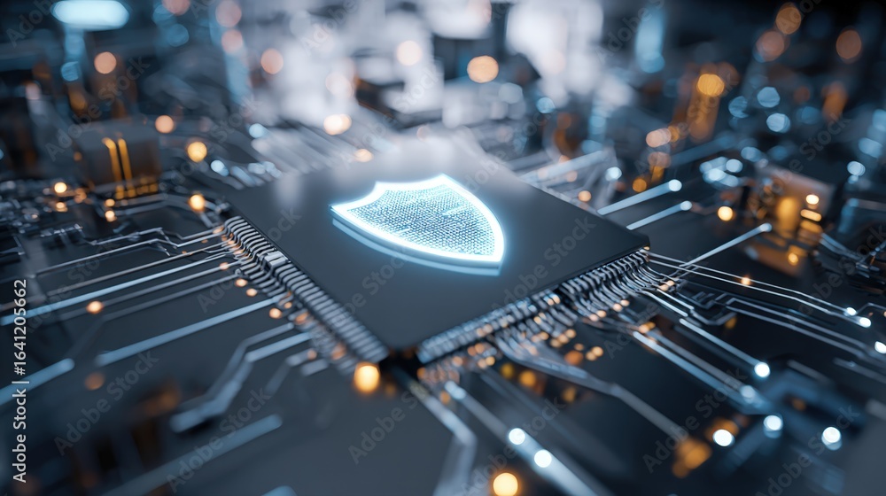 Poster cybersecurity microchip with shield symbol illustrating digital data protection, internet security, 