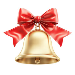 A shiny golden bell with a festive red ribbon bow on a black background.