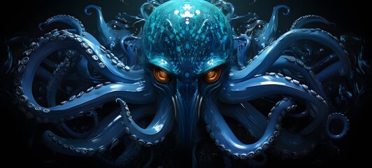 Obraz premium The black background contrasts sharply with the bright blue diamonds light emitted by Kraken Griffin,generative AI