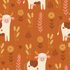 Animal seamless pattern with cow, sunflowers, wheat, leaves on brown background. Perfect for wallpaper, gift paper, summer greeting cards. Vector hand drawn child illustration