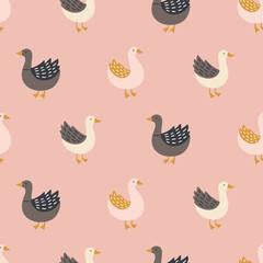 Animal seamless pattern with gooses on pink background. Perfect for wallpaper, gift paper, summer greeting cards. Vector hand drawn child illustration