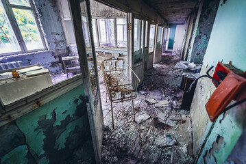 Interior of maternity ward in hospital of Pripyat abandoned city in Chernobyl Exclusion Zone in...