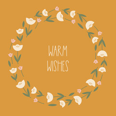 Floral greeting card with tulips on yellow background. Perfect for summer holidays and decorations. Hand drawn frame, wreath