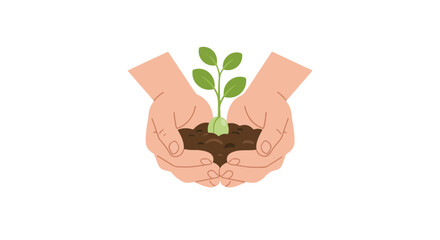 Flat vector illustration of soil with seedling in hands in pastel green and brown tones