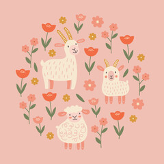 Animal greeting card with goats and flowers on pink background. Circle ornament. Perfect for seasonal holidays, summer decorations. Vector child illustration