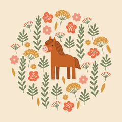 Animal greeting card with horse, flowers and leaves on white background. Circle ornament. Perfect for seasonal holidays, summer decorations. Vector child illustration