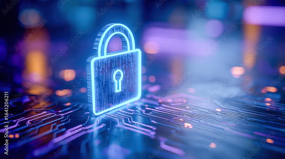 Poster cybersecurity concept: glowing padlock icon on circuit board - digital data protection and network s