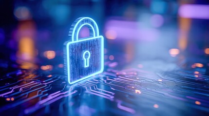 Cybersecurity Concept: Glowing Padlock Icon on Circuit Board - Digital Data Protection and Network Security