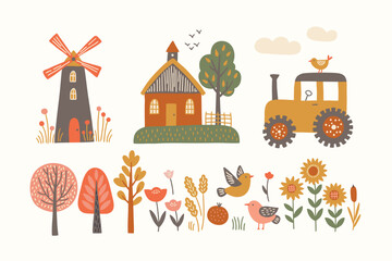 Farm set - mill, tractor, barn, tree, flower, birds, wheat, sunflower on white background. Perfect for summer greeting cards, child decorations. Vector hand drawn illustration