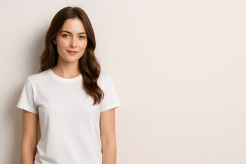 Obraz premium Stock photo of woman in white t shirt smiling with brown wavy hair