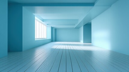 Fototapeta premium Minimalist Blue Room Interior with Sunlight on Wooden Floor, Modern Architecture and Design, Light and Shadow
