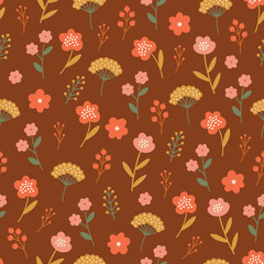 Nature seamless pattern with flowers and berries on brown background. Perfect for wallpaper, gift paper, summer greeting cards. Vector hand drawn child illustration