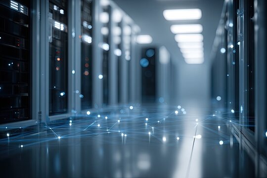 A server room interior with a network graphic overlay.