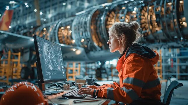 Female aerospace engineer in orange safety jacket using 3D modeling software to design jet engine at desk in aircraft maintenance hangar, modern airplane in background, aviation technology scene.

