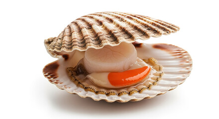 Fresh raw scallop in shell isolated on white background seafood delicacy gourmet ingredient fine dining cuisine