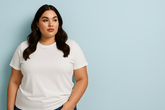 Plus size woman in white tee shirt looking away against blue backdrop