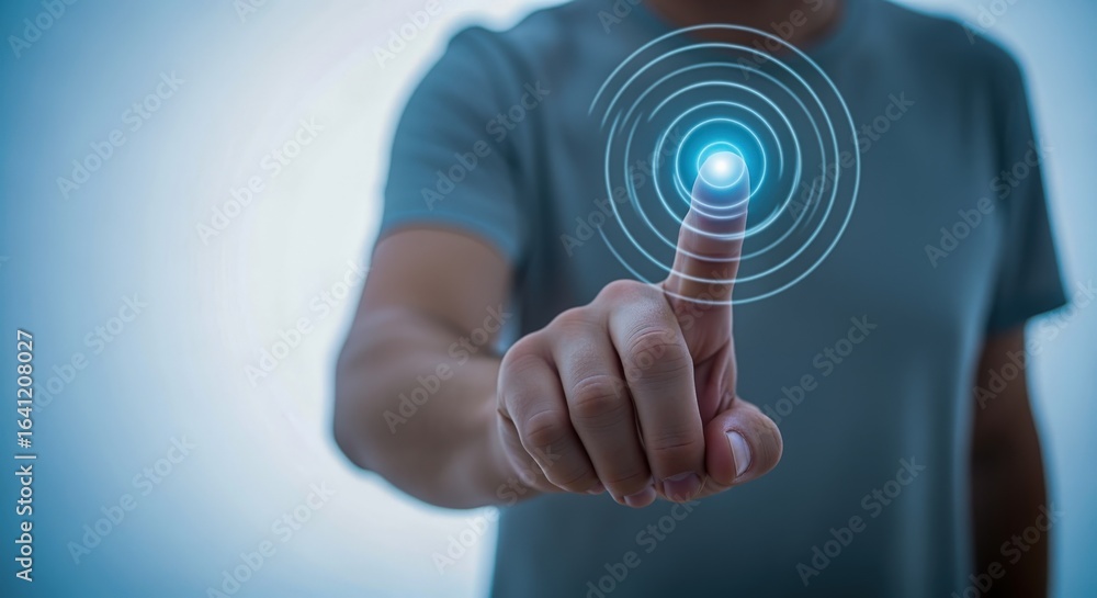 Poster man interacting with a futuristic interface, touching a glowing screen display with circular wave ef
