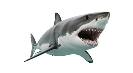 Fototapeta premium Great white shark isolated on white background swimming underwater marine predator ocean wildlife animal