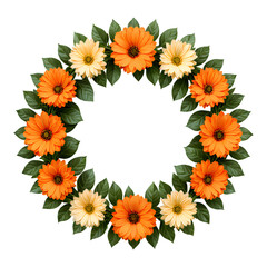 Fototapeta premium Orange Gerbera Daisies Wreath with Green Leaves, Glossy Cutout Design Element on Transparent Background