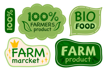 Organic fresh healthy food labels. Local farm market emblem. Bio eco friendly natural meal logo. Sticker for vegan products. Flat Vector illustration