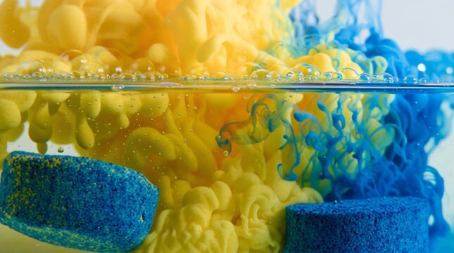 A creative shot of two different colored effervescent tablets dissolving side by side in water, releasing vibrant bubbles and creating a dynamic blend of fizzing textures and contrasting hues.
