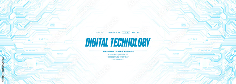 Poster horizontal web banner. circuit board technology background with ai chip and computer components. abs
