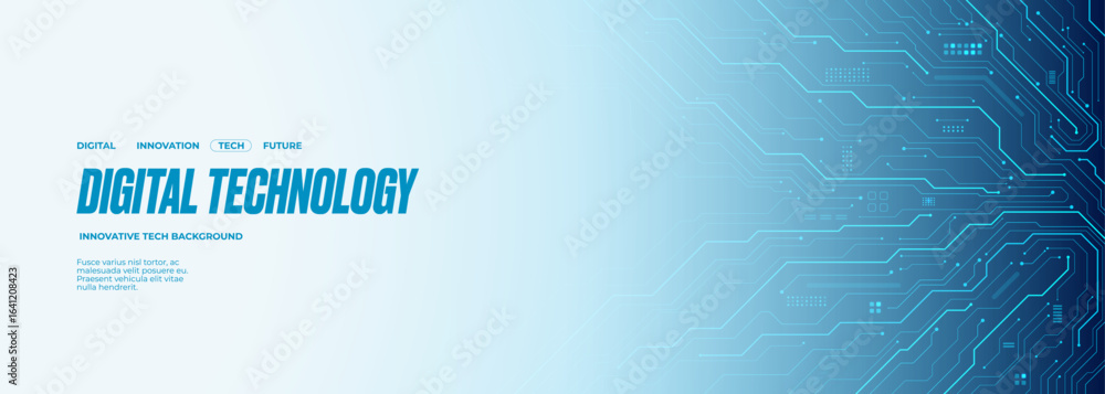 Poster digital technology web banner with circuit board and electronics components on a white background. a
